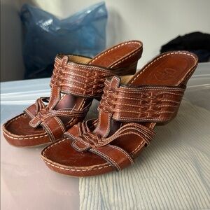 Frye Brown Leather Woven Wedges 10